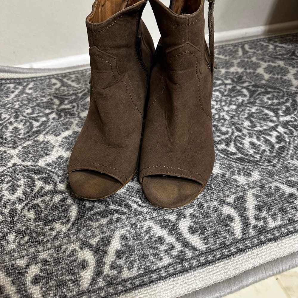 Grayish Brown Peep-Toe Ankle Boots